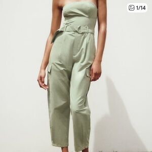 Zara green cargo strapless jumpsuit with belt size small